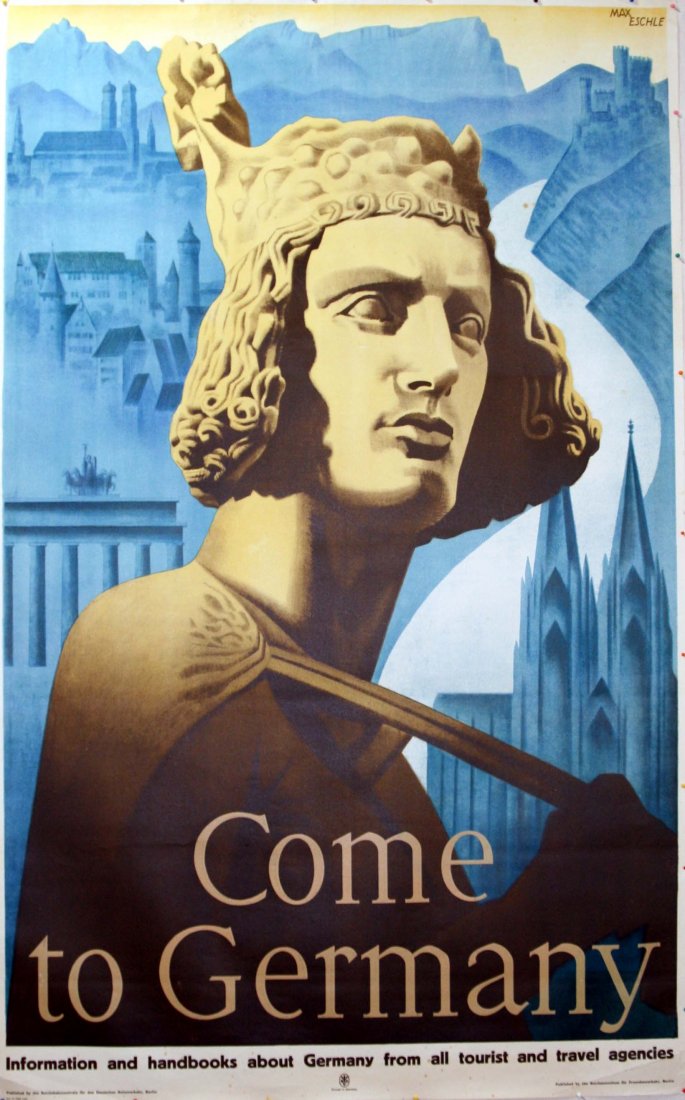 Original travel poster Come to Germany 1930s Eschle: Original lithograph travel poster Come to Germany. Design by Max Eschle (1890-1979) of a Germanic statue with skyline of cities in the background. Excellent condition. Printed in 1937 in Germany by th