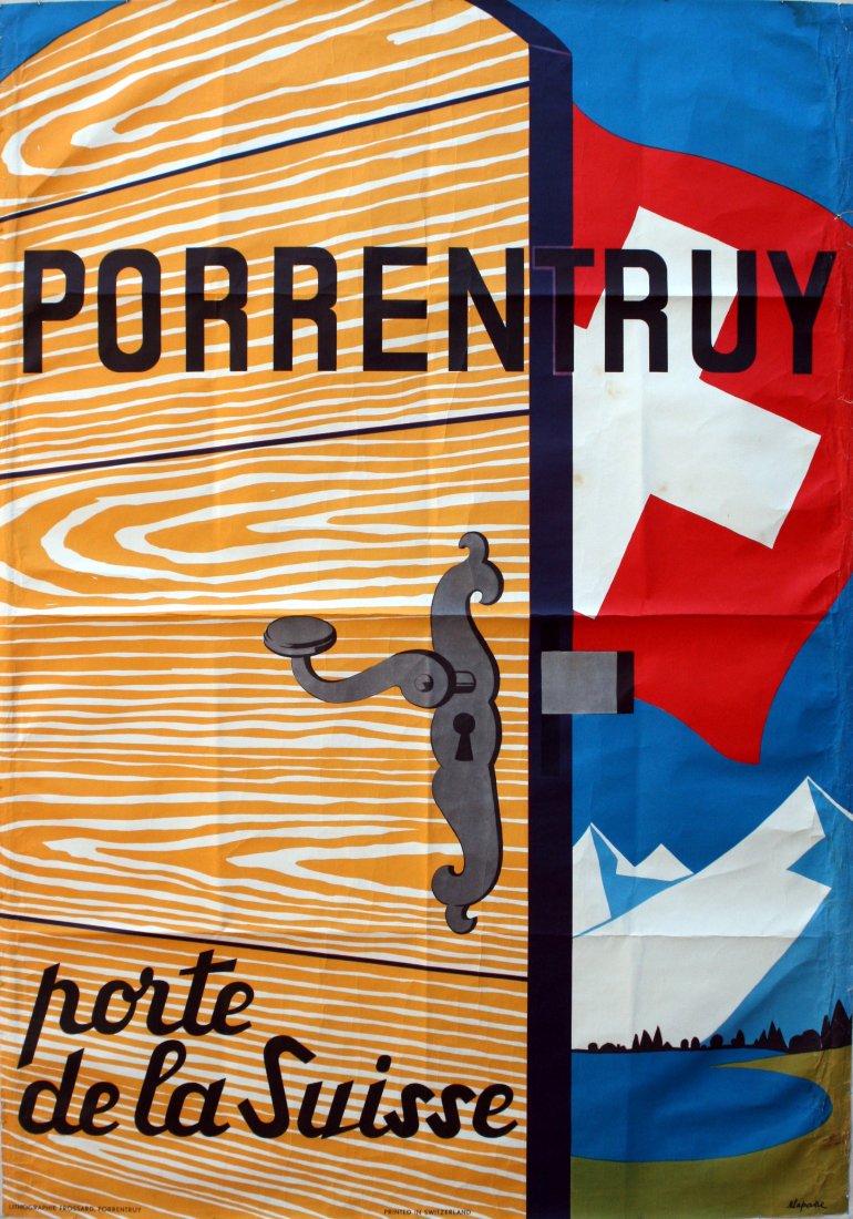 Original travel poster Porrentruy - door to Switzerland: Original vintage travel poster - Porrentruy Porte de la Suisse. Lithographie Frossardin Porrentruy. Image of an open door with a Swiss flag, mountains and a lake behind it. Good condition, repaired te