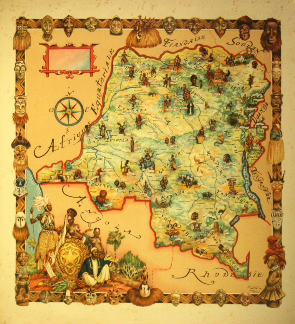 Original travel poster Belgian Congo: Original vintage travel poster for the Belgian Congo. Richly decorated with tribal marks and costumes. Good condition, foxing on margins. Printer's proof with the title and issue details: printed by t