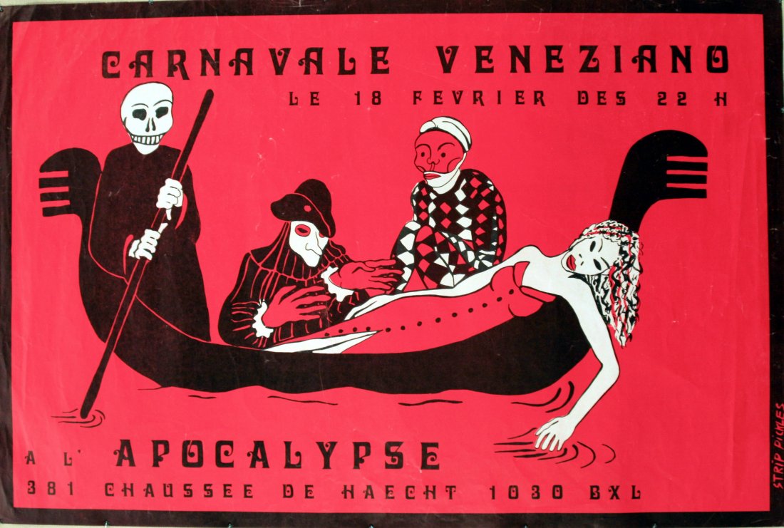 Original travel poster Carnevale Veneziano Venice: Original vintage travel advertising poster for Carnevale Veneziano al'Apocalypse. Good condition, tears on top margin, creases. Printed in Italy, designed by Strip Pickles, size 39.5x59cm.