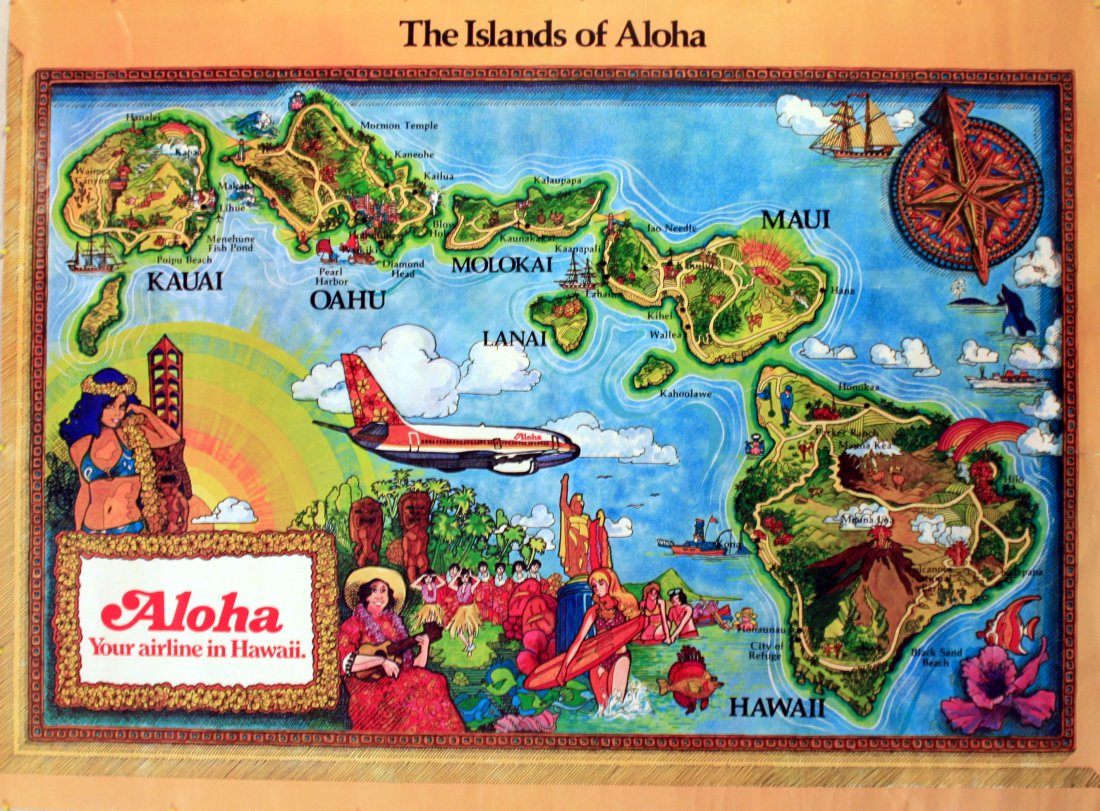 Original travel poster Aloha Airlines Hawaii: Original vintage travel advertising poster for The Islands of Aloha - Aloha, Your Airline in Hawaii. Very good condition. Printed in the USA, 1980s, size 45.5x61cm.