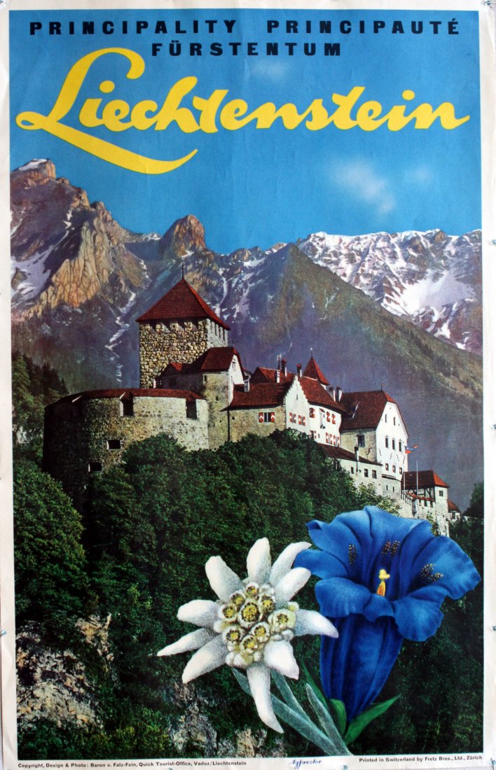 Original travel poster Lichtenstein Eidelweis: Original vintage travel poster for the principality of Lichtenstein. AgfaColor Picture by Baron V. Falz-Fein Tourist Office in Vaduz. Colour photo featuring eidelweiss flower with the castle and mount