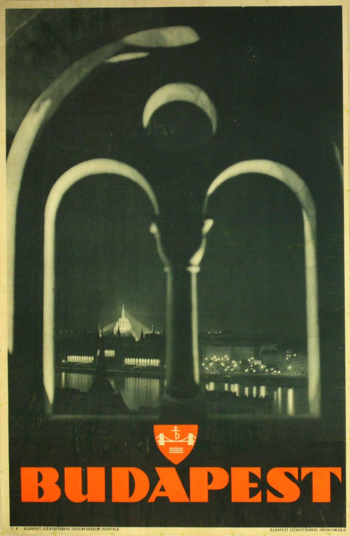 Original travel poster Budapest Hungary: Original vintage travel advertising poster for Budapest. Fair condition, stains and soiling, repaired minor tears on margins. Printed in Hungary, 1930s, size 95x62cm.