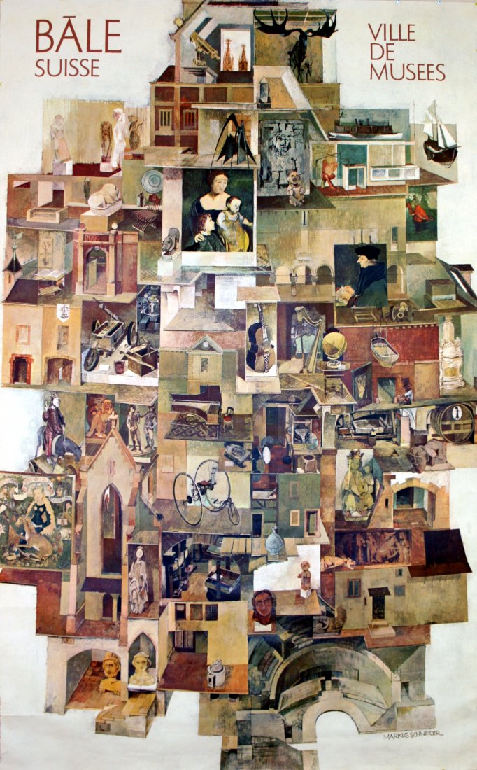 Original travel poster Basel Switzerland: Original vintage travel poster advertising Basel, Switzerland, City of Museums, in French. Very good condition, light bumps on top right margin. Printed in Switzerland by Dickmann SA, Basel, 1960, des