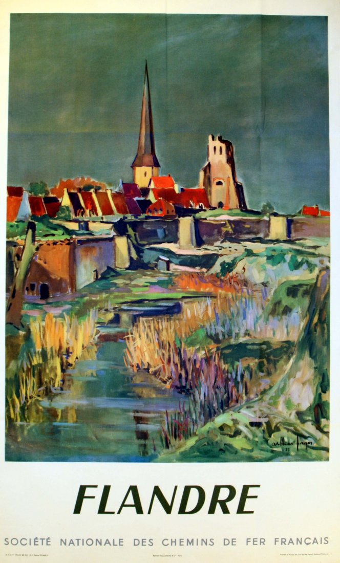 Original travel poster Flandre French Flanders France: Original vintage travel advertising poster for Flandre, French Flanders, France, issued by the French State Railways (SNCF). Colourful, painterly image of the countryside with a castle and church in t