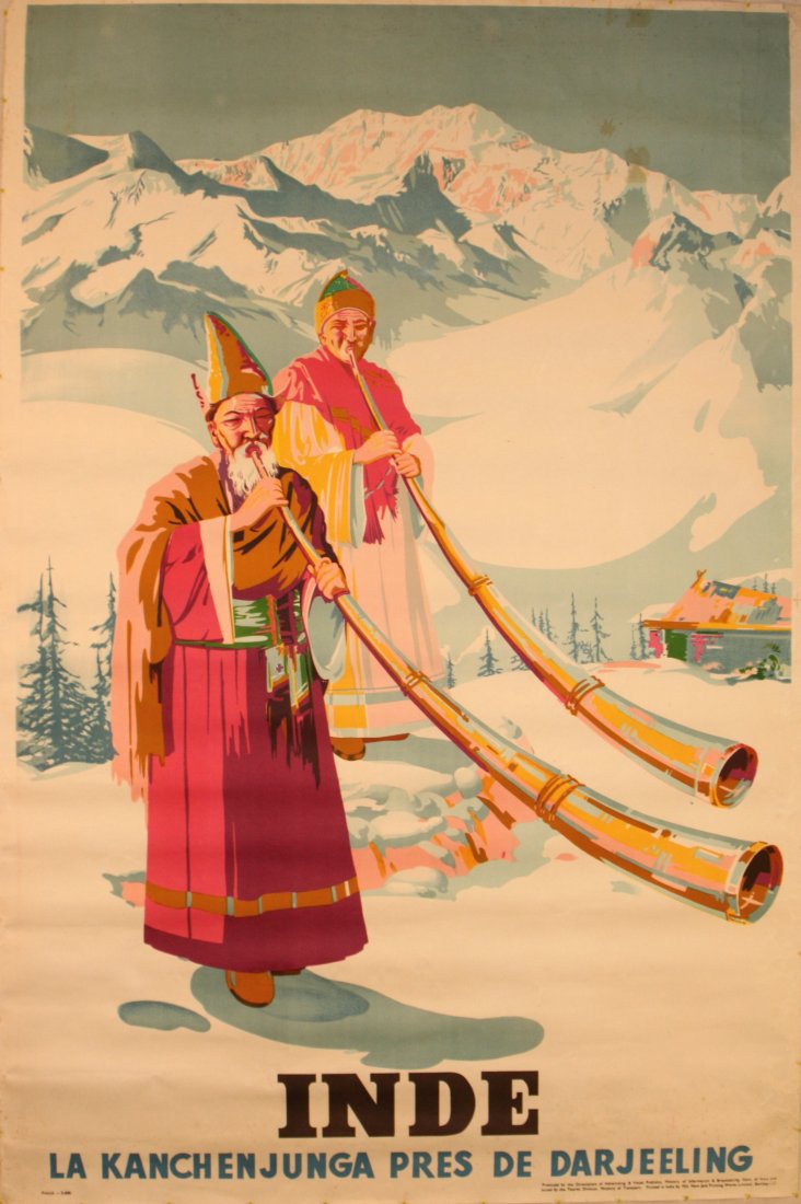 Original travel poster India Kanchenjunga Darjeeling: Original vintage travel advertising poster in French for Kanchenjunga ("The Five Treasures of Snows") near Darjeeling in India, the third highest mountain in the world: La Kanchenjunga pres de Darjeel