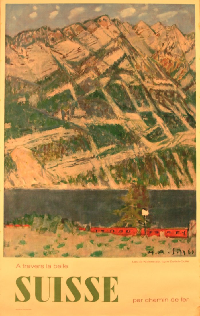 Original travel poster Switzerland: Original vintage travel poster advertising Switzerland, Lake of Walendstadt, Zurich - Coire Line. Good condition, brown spots on right margin. Printed in Switzerland, design by H.A. Sitl, 1960s, size 