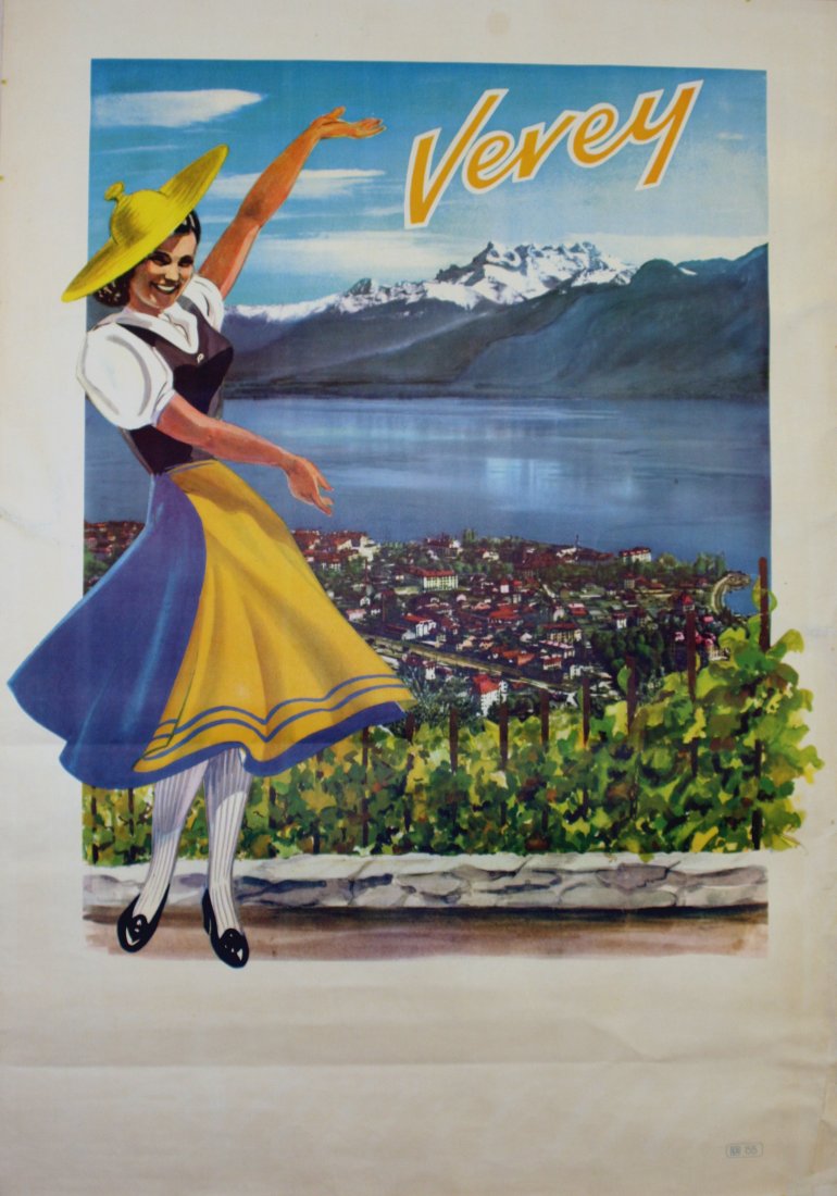 Original travel poster Vevey Switzerland: Original vintage travel advertising poster for Vevey, Switzerland. Fun image of a traditionally dressed girl framing the picture of Vevey with her hands, showing Lake Geneva and the mountains in the b