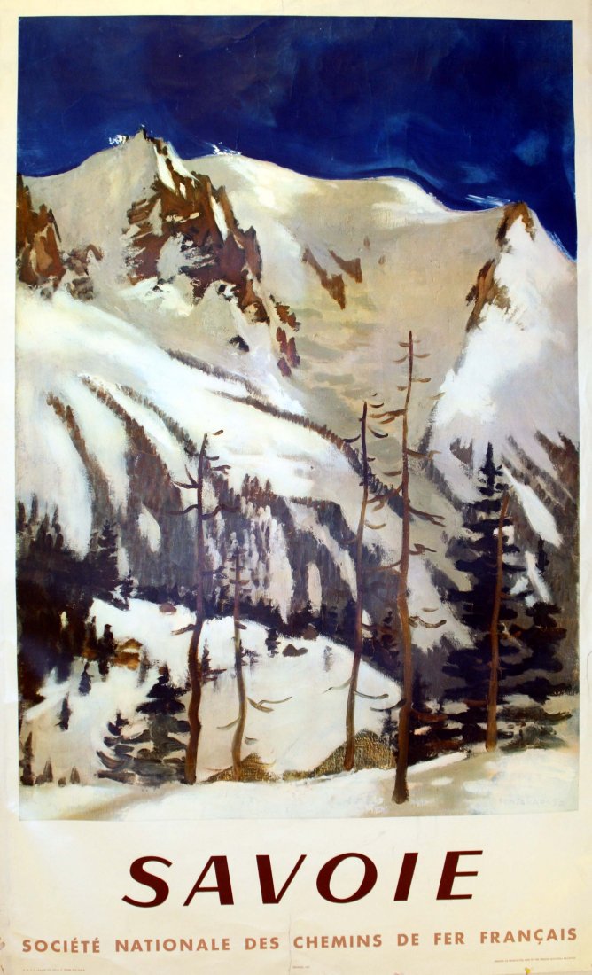 Original travel poster Savoie France: Original vintage travel advertising poster for Savoie, France, issued by the French State Railways (SNCF). Bright image of snowy mountains. Good condition, creases, repaired tears on margins, loss on