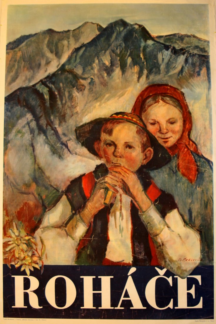 Original travel poster Rohace Czechoslovakia: Original vintage travel advertising poster for Rohace (Western Tatras) printed by Slovakotour in the 1940s featuring a picturesque painting of a mountain with a boy and girl in national dress. Fair co