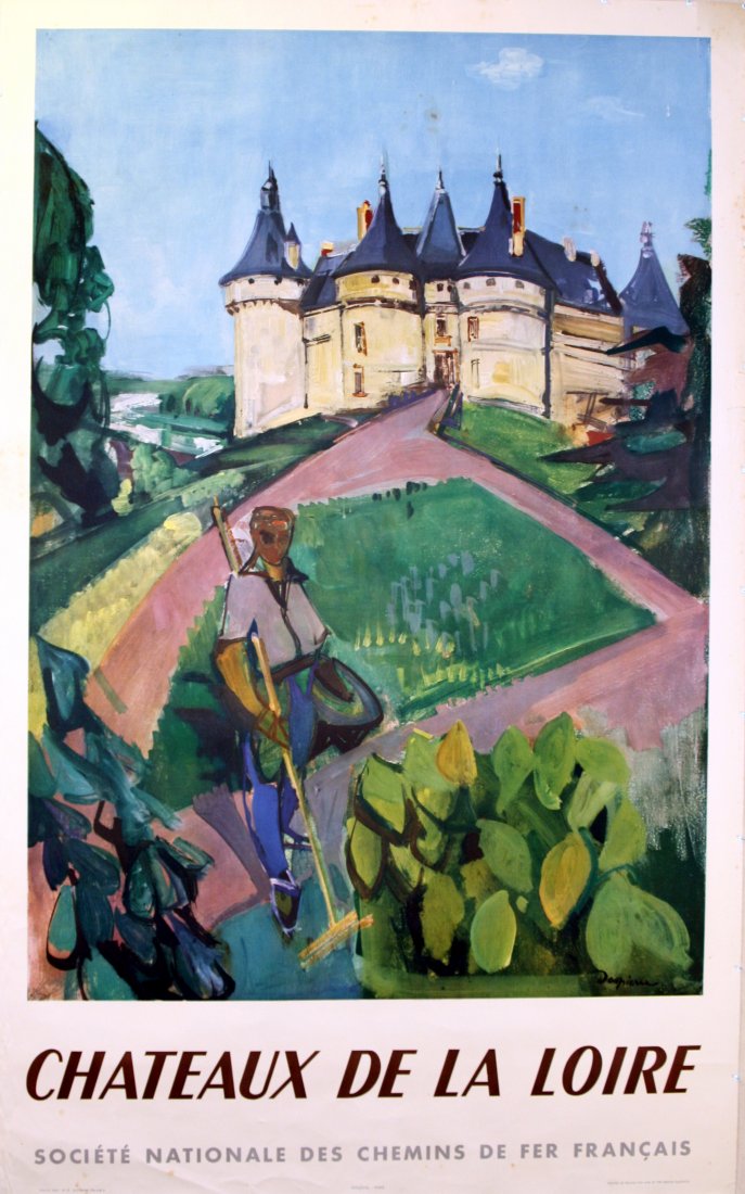 Original travel poster Chateaux de la Loire France: Original vintage travel poster of the Chateaux de la Loire for SNCF. Good condition, minor bumps and tears on margins, light soiling and foxing. Printed in France, design by Despierre, 1953, size 100x