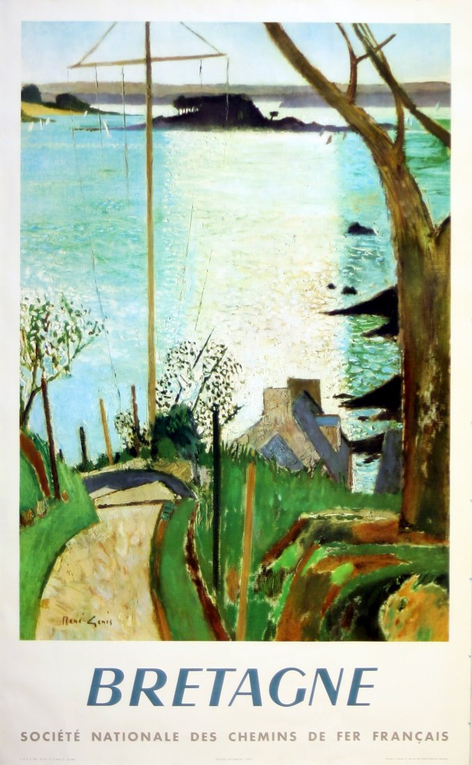 Original travel poster Bretagne France: Original vintage travel poster advertising Bretagne, Brittany. Good condition, light creases. Printed In France by the French Railways, design by Rene Genis, 1957, size 99.5x61.5cm.