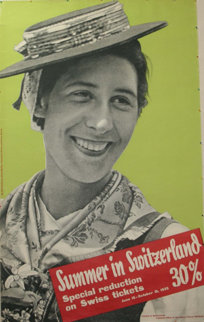 Original travel poster Summer in Switzerland: Original vintage travel poster: Summer in Switzerland Special reduction on Swiss tickets June 15-October 31 1935 30%. Issued by Swiss Federal Railways, art by Schellenberg, photo Mettler. Good conditi