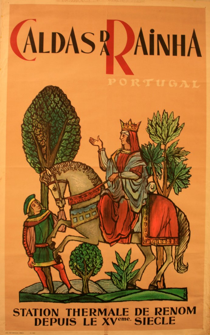 Original travel poster Caldas da Rainha - Portugal: Original vintage travel advertising poster for Caldas da Rainha thermal springs. Fair condition, fold lines, tape residue on top margin, tape repair ob bottom margin in the middle, pin holes and repai