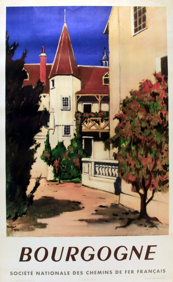 Original travel poster Bourgogne Burgundy France: Original vintage travel advertising poster: Bourgogne by SNCF (French National Railways). Burgundy is one of France's main wine producing areas. It is well known for both its red and white wines, most