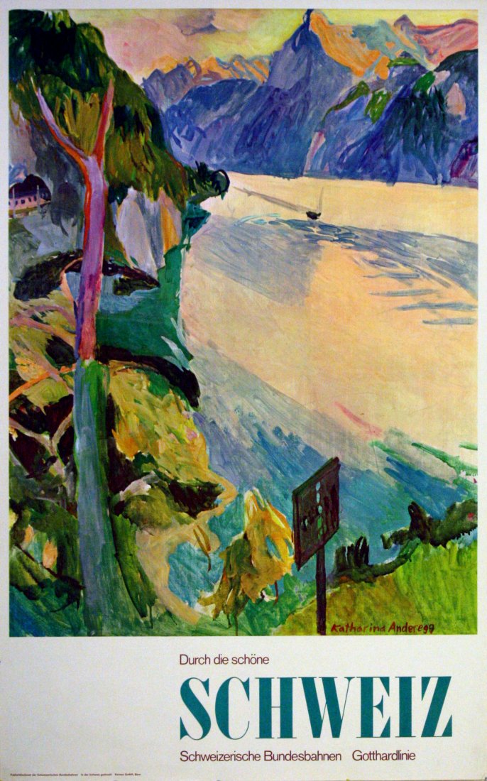 Original travel poster Switzerland Schweiz Gotthard: Original vintage travel poster for Switzerland - Schweiz issued by Swiss Railways, Gotthard Line. Very good condition, minor bumps bottom left margin. Printed in Switzerland by Kernen Gmbh, Bern, desi