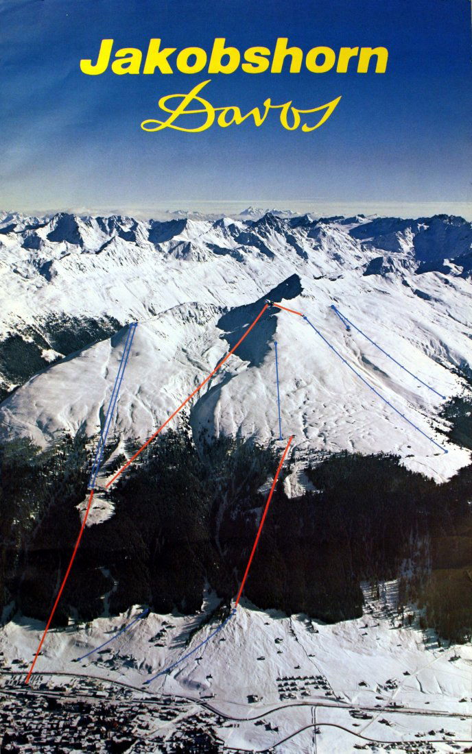 Original ski resort poster Jakobshorn Davos Switzerland: Original vintage sport poster showing the ski resort at Jakobshorn, Davos. Photo Swiss Air, printed by Fretz AG Zurich. Good condition, bumps and repaired tears on margins. Printed in Switzerland, und
