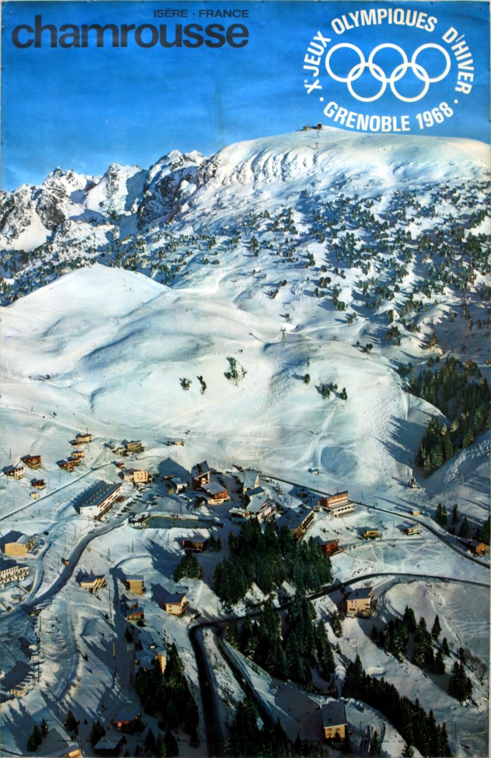 Original vintage Olympic Games Poster Grenoble 1968: Original vintage travel poster advertising the Winter Olympic Games in Grenoble, France, 1968. The poster features a photo of Chamrousse in France. Printed by The French Government General Commissaria