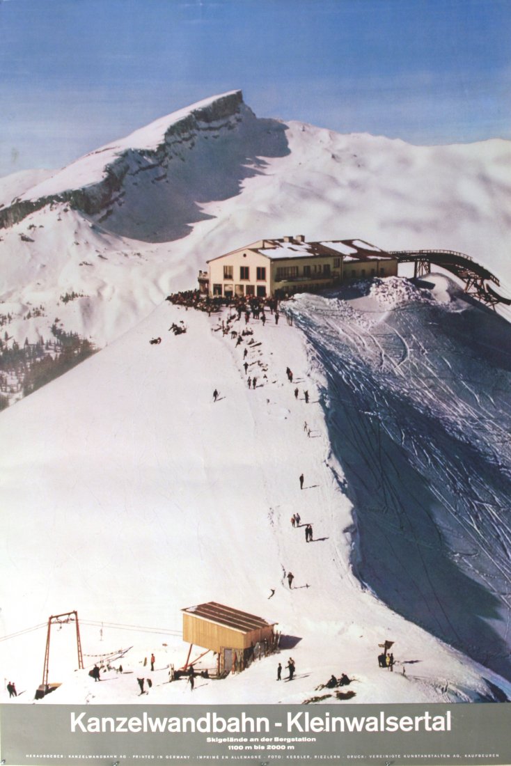 Original ski resort poster Kanzelwandbahn: Original vintage travel poster advertising a skiing resort, Kanzelwandbahn-Kleinwalsertal. Kleinwalsertal (little Walser valley) is a part of Austria, but only accessible from Germany to the north, an