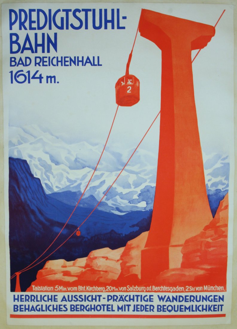 Original ski resort poster Predigstuhl-Bahn Art Deco: Original vintage lithograph poster for the Predigstuhl-Bahn, Bad Reichenhall 1614m. Bold image in Art Deco style and red colour of the world's oldest large-cabin cable car (since 1928) with the mounta