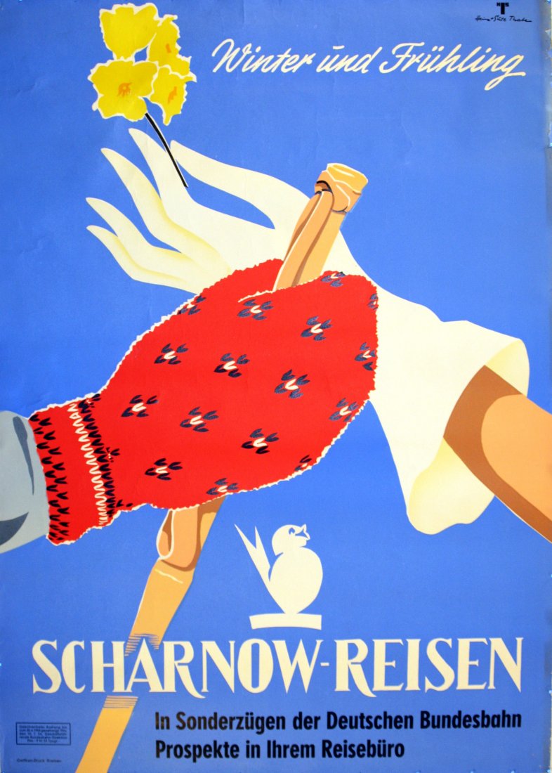 Original ski travel company poster Scharnow Reisen: Original vintage advertising poster for a German travel agency, Scharnow Reisen. In sonder zugen der Deutschen Bundesbahn, Winter and Spring. Great image of Winter and Spring meeting each other as glo