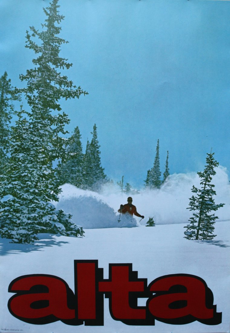 Original ski resort poster Alta Utah USA: Original vintage travel poster. Alta. Alta is a ski area in the western United States, located in the Wasatch Mountains of Utah, just east of Sandy, a suburb southeast of Salt Lake City. Photo of a sk
