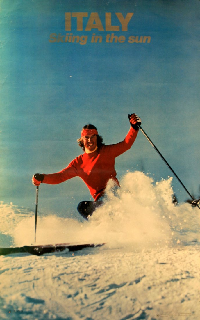 Original ski poster Skiing in the Sun Italy: Original vintage poster advertising skiing in Italy for Alitalia, published by ENIT. Good condition, tears and light creases on margins. Printed in Florence, Italy, 1970s, size 98.5x62cm.