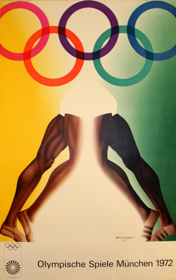 Original Olympic Games Poster Munich Puma Adidas Jones: Original vintage poster for the 1972 Munich Olympic Games (Olympische Spiele Munchen), Edition Olympia 1972 GMBH 1970, printed in Germany. Notice the subliminal advertising in the image as the left se