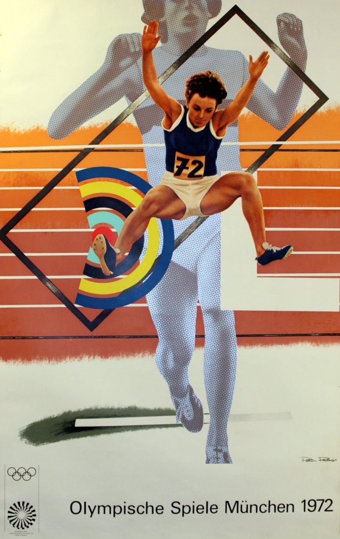Original vintage Olympic Games Poster Munich Phillips: Original vintage poster for the 1972 Munich Olympic Games (Olympische Spiele Munchen) poster by British artist Peter Phillips, one of the series of posters by various popular artists of the period (Pe