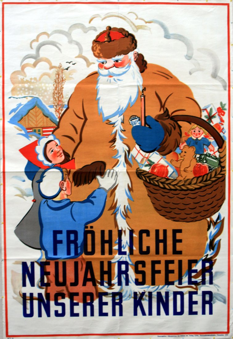 Original propaganda poster Happy New Year - 1954: Original vintage East German propaganda poster with a message Frohliche Neujahrsfeier Unserer Kinder - Happy New Year for Our Children printed by the Ministry of Culture in December 1954. The design f
