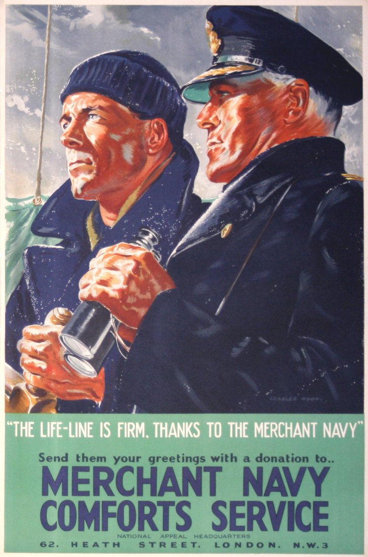 Original WWII propaganda poster Merchant Navy 1940s UK: Original vintage poster: Merchant Navy Comforts Service, The Life-Line is Firm Thanks to The Merchant Navy. This poster was issued to raise fund in support the efforts of the Merchant Navy during Worl