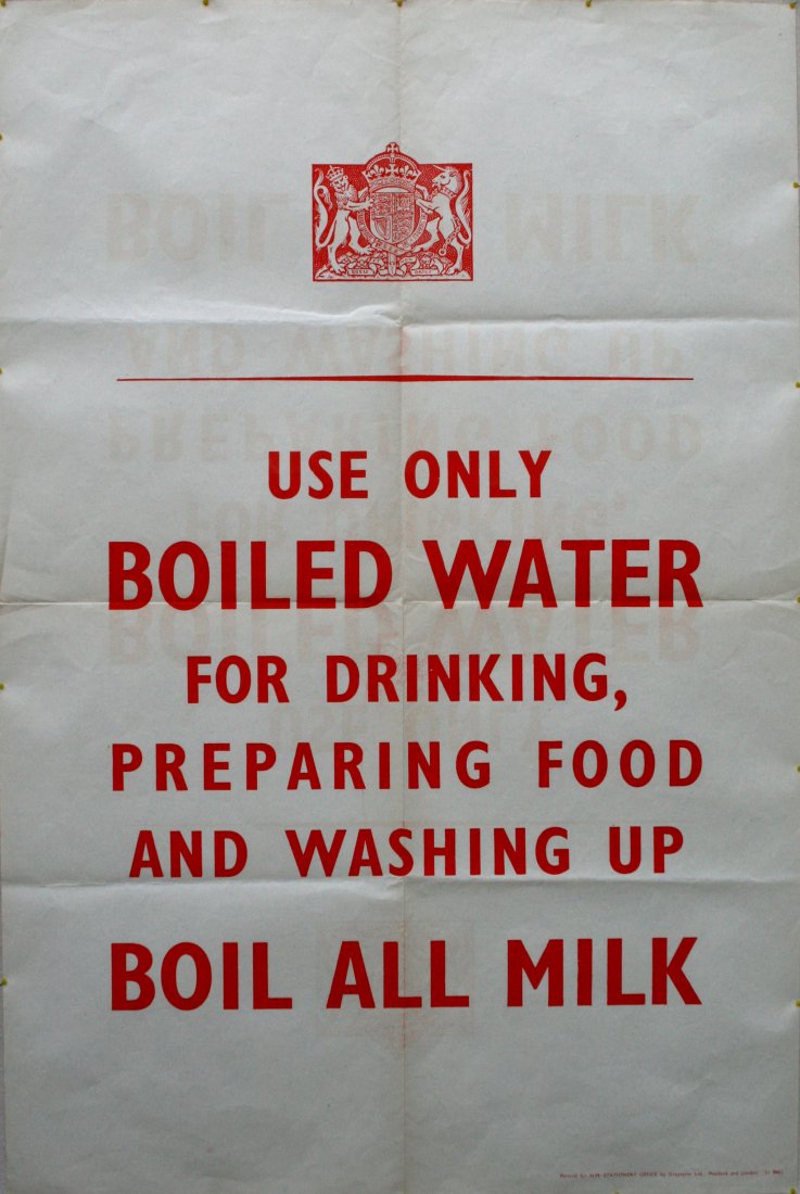 Original WWII propaganda poster Boiled Water and Milk: Original vintage propaganda poster issued in England by the H.M. Stationary Office with the slogan, Use Only Boiled Water for Drinking, Preparing Food and Washing Up, Boil All Milk. Quirky motivationa