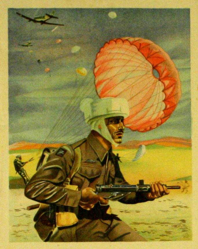 Original propaganda posters Indian Paratroopers: Original vintage poster: Indian Paratroopers, pair of pictures showing troops parachuting out of planes in one and the other with a soldier bearing a machine gun. Most likely leaflets for a recruitmen