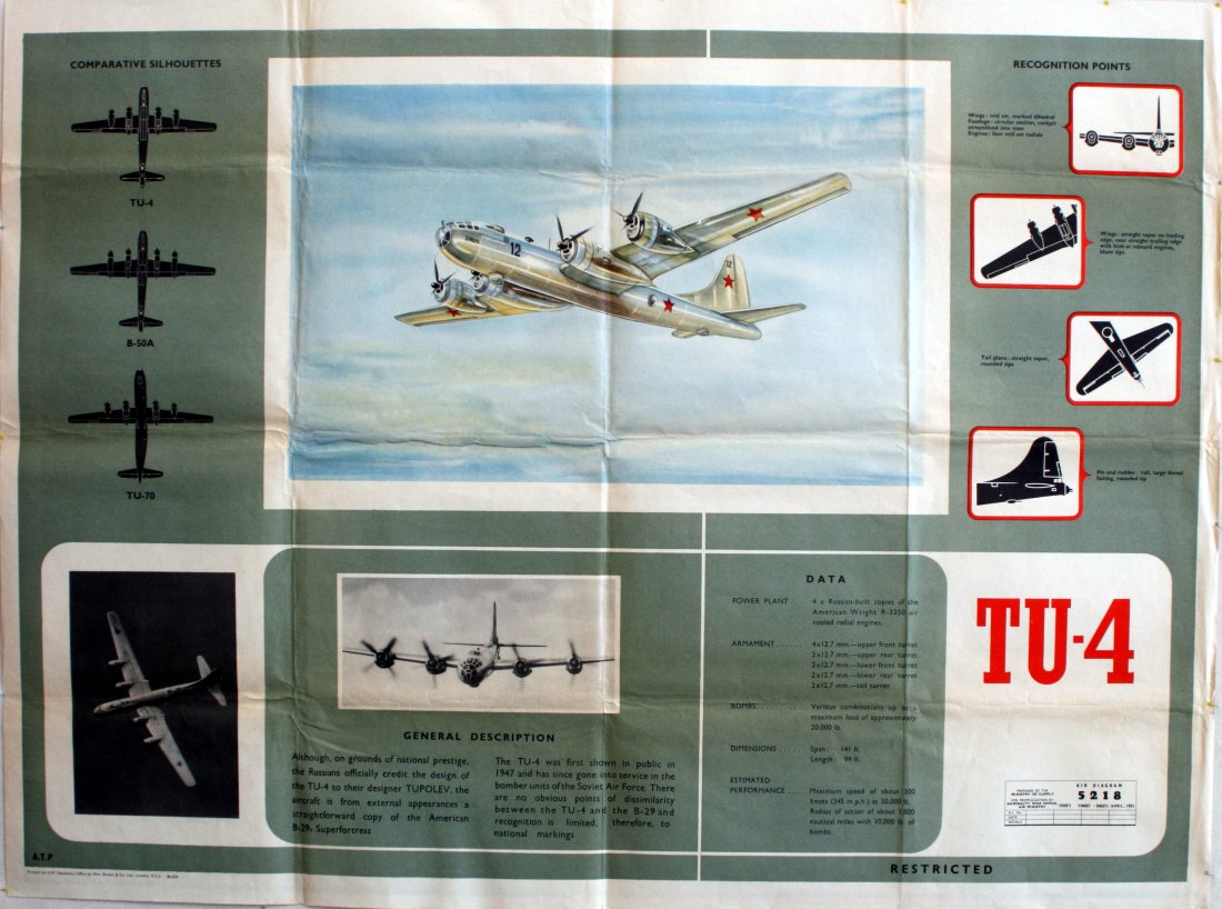 Original propaganda poster TU-4 ID Classified UK: British identification poster for a Soviet plane, TU-4. Prepared by the Ministry of Supply for Promulgation by the Admiralty War Office Air Ministry Restricted. Printed in April 1951. Designed by A.T.
