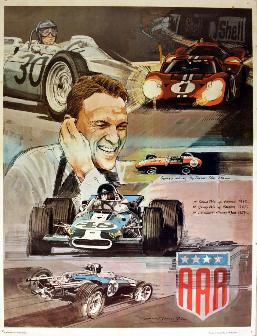 Original 1971 Car Racing Poster Dan Gurney Formula 1: Car Racing Driver - Dan GurneyOriginal vintage sport poster for American car racing driver, Dan Gurney, 1st place France Grand Prix 1962, Belgium Grand Prix 1967, Le Mans 1967. Pictures of Gurney driv