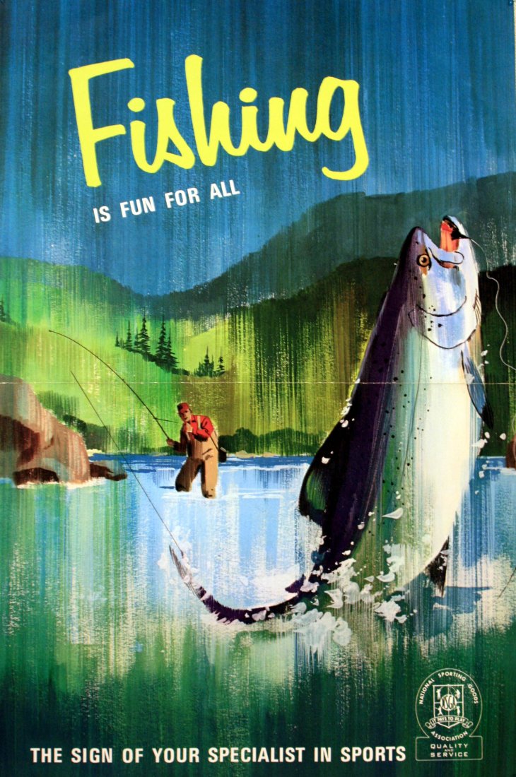 Original Vintage Poster Fishing Fun for All NSGA: Fishing is Fun for AllOriginal vintage poster produced and stamped by the National Sporting Goods Association (It Pays to Play - Quality and Service; since 1929) with the slogan The Sign of Your Speci