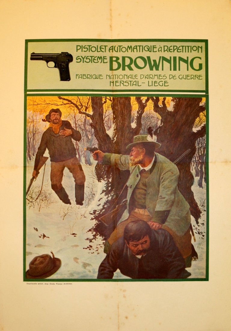 Original Poster Browning Pistol Automatic Gun Austria: Browning Automatic PistolRare original vintage advertising poster: Browning Automatic Pistol. Printed in Vienna. Good condition, folded, light foxing.Printed by Aug Denk, Vienna, Austria, 1920s, size(