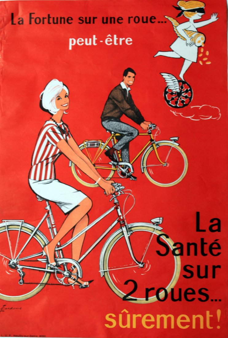 Original Vintage Cycle Poster France Midcentury Modern: Health on Two WheelsOriginal vintage advertising poster issued by the French Government to promote use of bicycles. Fortune rides on one wheel, but health rides on two! Fun mid-century design image by