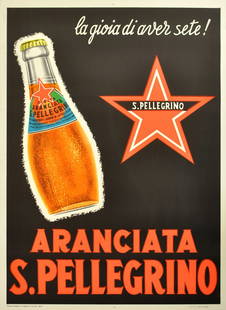 Original advertising poster Aranciata San Pellegrino: Original vintage advertising poster for a popular and iconic drink, Aranciata S. Pellegrino. The joy of being thirsty! - La gioia di aver sete! Bold and colourful image on a black background of a