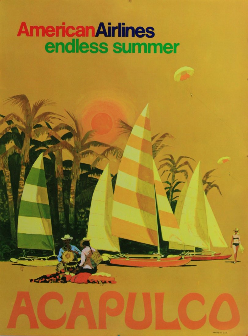 Original travel poster Acapulco, Mexico American: Original vintage travel poster advertising American Airlines, Endless Summer, Acapulco. Excellent condition, USA, 1970s, size 51x38cm A.