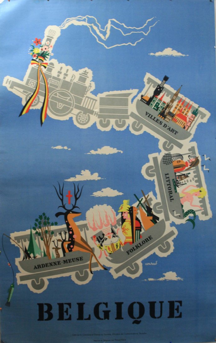 Original travel poster Belgium Train Conrad: Original vintage travel advertising poster: Belgique - villes d'art littoral folklore Ardenne-Meuse (art and folklore along the coast). Picture of a train with carriages full of fun activities that yo