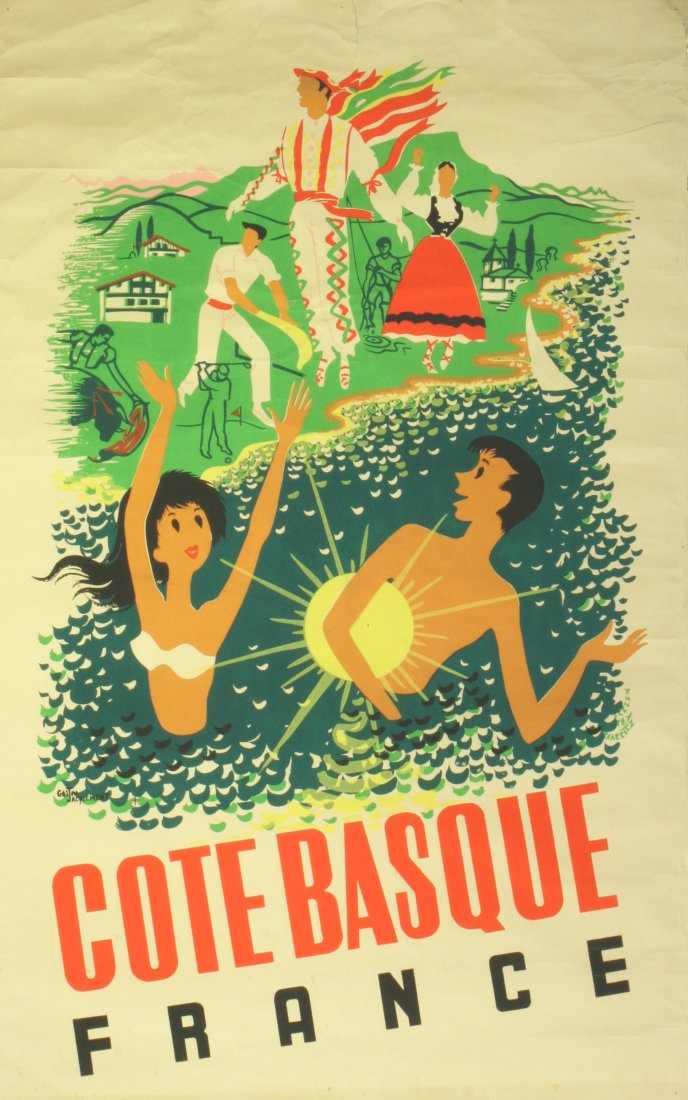 Original travel poster Basque Coast France: Original vintage travel poster advertising Cote Basque, France. Bright and colourful poster of a couple splashing and swimming in the sea with the sun as a beach ball and a sailing boat along the coas
