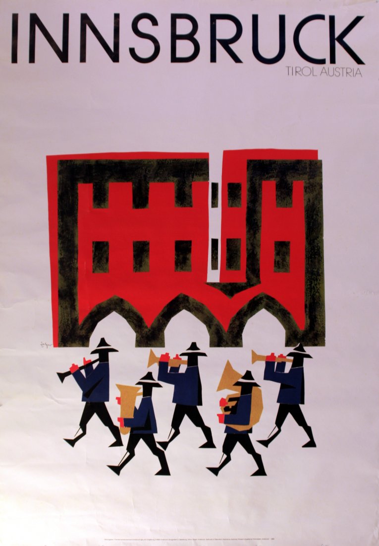 Original travel poster Innsbruck Austria: Original vintage travel poster issued in Austria to promote Innsbruck. Printed by Frohnweiller, Innsbruck, artwork by Arthur Zelger. Good condition, tears and bumps on margins, creases. Austria, 1984,