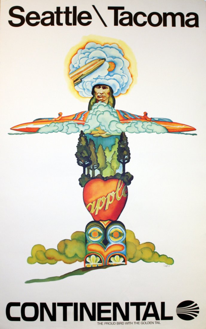 Original travel poster Seattle Continental airlines: Seattle Tacoma Original vintage travel advertising poster for Seattle/Tacoma by Continental Airlines, The Proud Bird with the Golden Tail. Cool image of a native American (Red Indian) with a totem pol