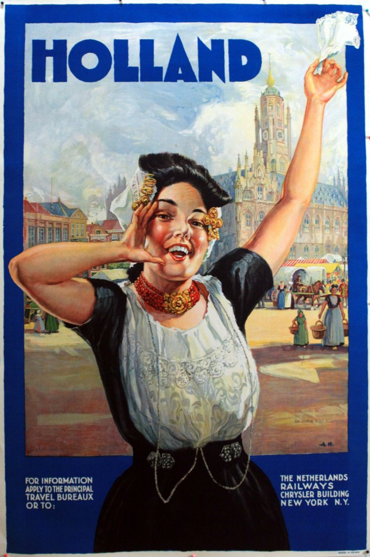 Original travel poster Holland 1930s: Original vintage travel poster advertising Holland - for information apply to the principal travel bureaux or to The Netherlands Railways Chrysler Building New York NY. Image of a traditionally dresse