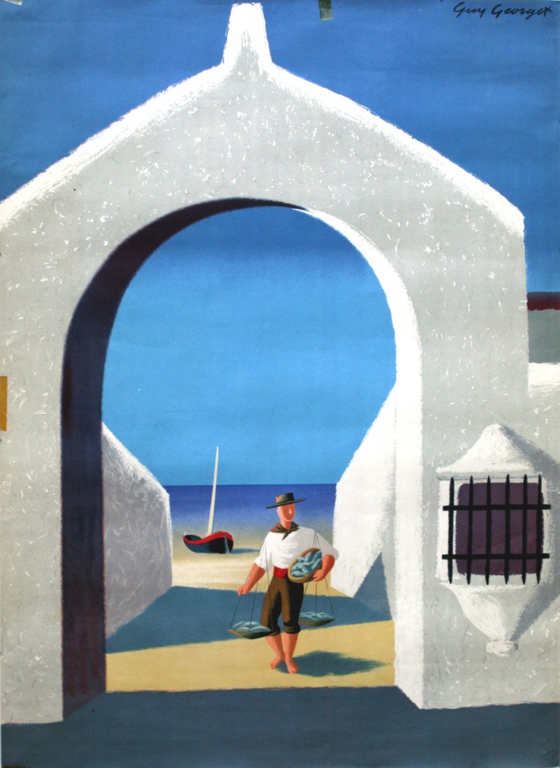 Original travel poster Spain: Original vintage lithograph travel poster for Spain featuring a fisherman. Trimmed image without the text, tape marks on corners and left side, pinholes. Printed in Spain, deisgned by Guy Georget, 195
