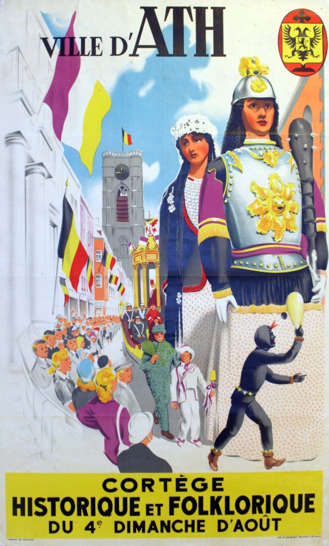 Original travel poster Ville d'Ath Belgium: Original vintage travel advertising poster for Ville d'Ath, an ancient market city in Belgium. Colourful image of the Ducasse (an annual festival first mentioned in 1399 that features a procession of 