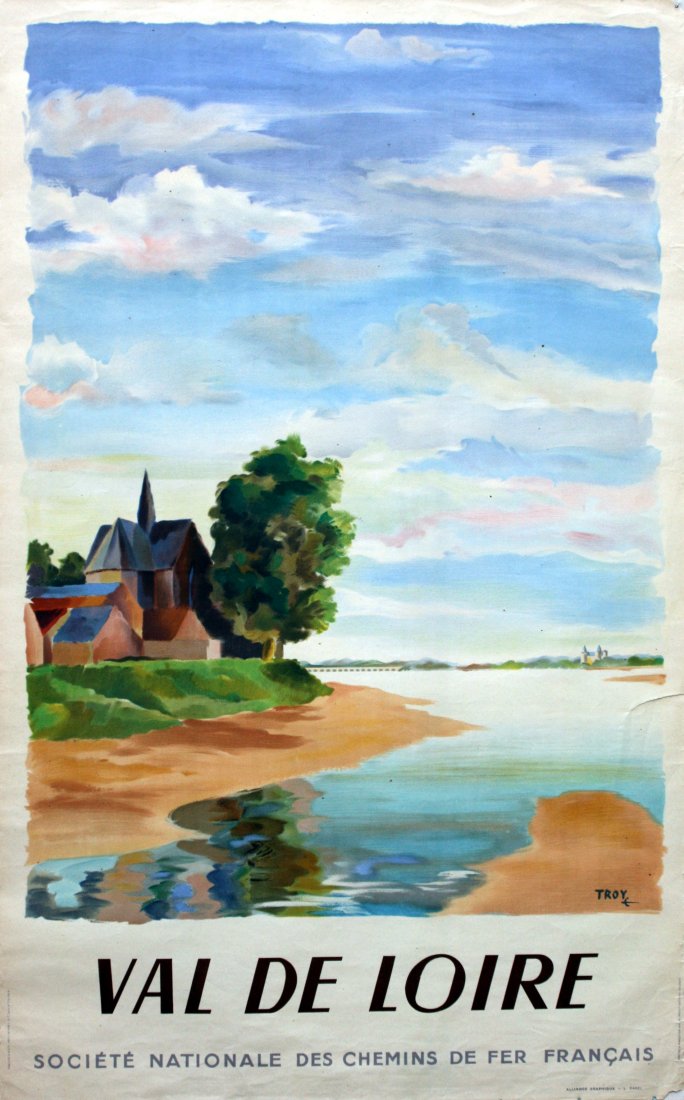 Original travel poster Val de Loire France: Original vintage travel poster printed for the Val de Loire. It is referred to as the Cradle of the French and the Garden of France due to the abundance of vineyards, fruit orchards and notable for it