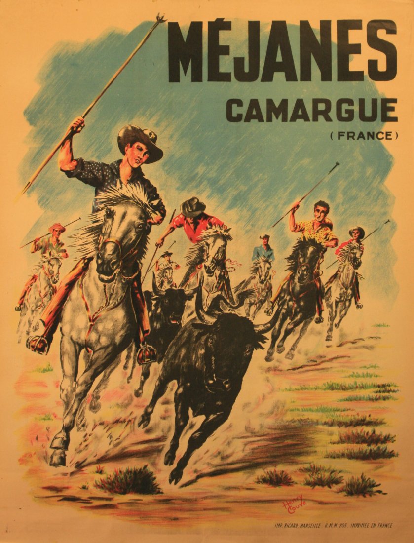 Original travel poster Mejanes Camargue France: Original vintage travel advertising poster for Mejanes in Camargue, France. Dynamic picture of a bull and horse riders performing the traditional Camargue style of bullfighting in this regional nature