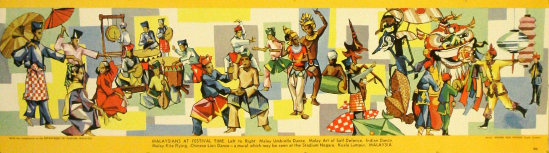 Pair of original travel posters Malaysian Pastimes: Pair of original vintage travel poster advertising Malaysia - Poster number 1. Malaysians at Festival Time, by Phoon Poh Hoong, Kuala Lumpur, featuring images of dancers and musicians in traditional c